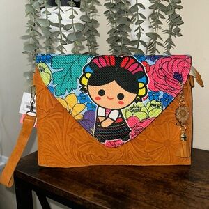 Suede Clutch/Crossbody with Colorful Folk Art Flap